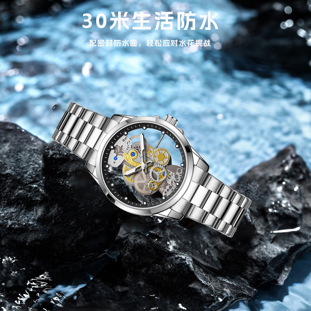 Double-sided transparent skeleton automatic watch for men